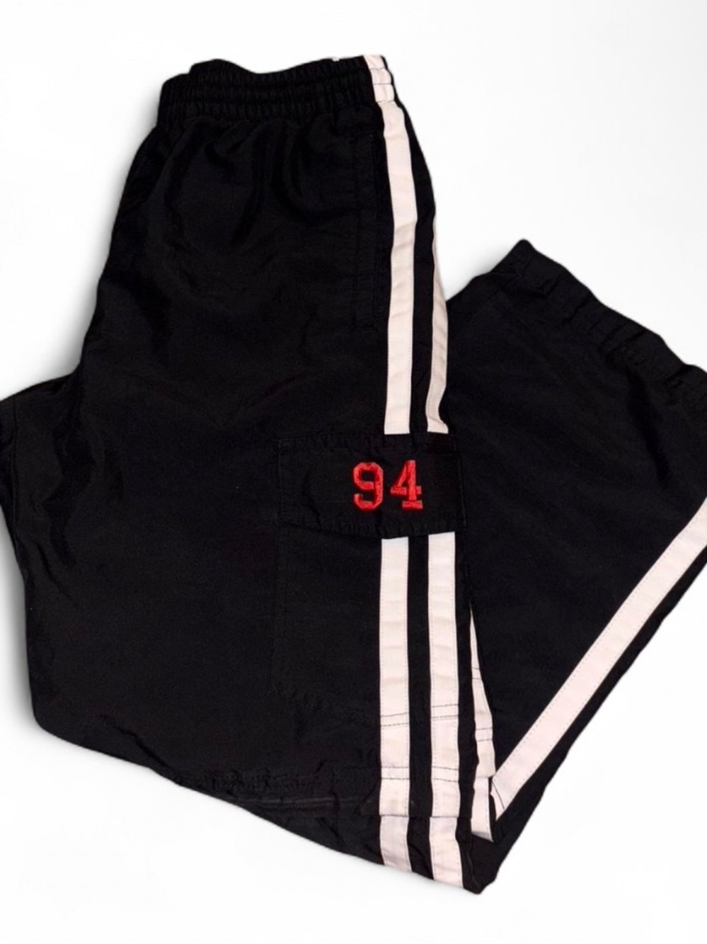 Old Navy Black Athletic Track Pants with White Stripes and Red '94' Accent
